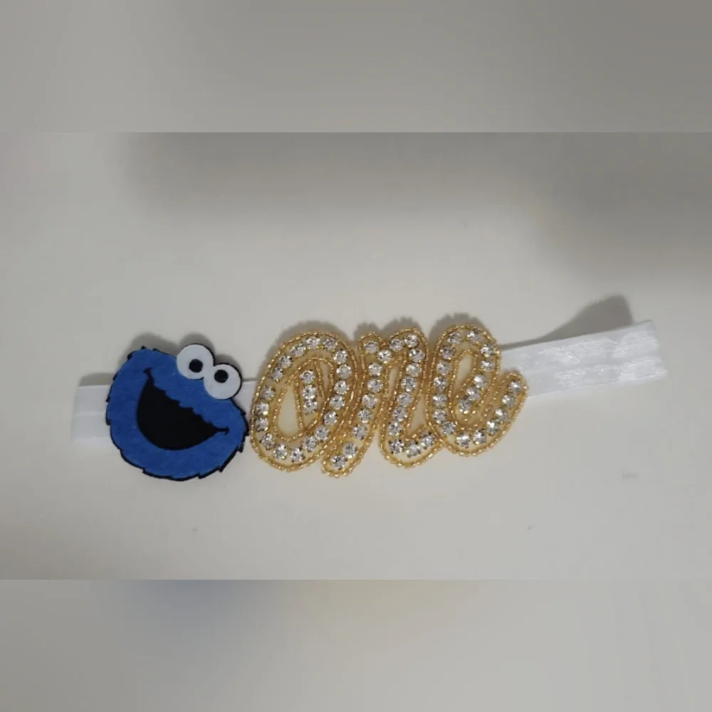 Cookie Monster First Birthday headband One Rhinestone dress smash cake hair bow
